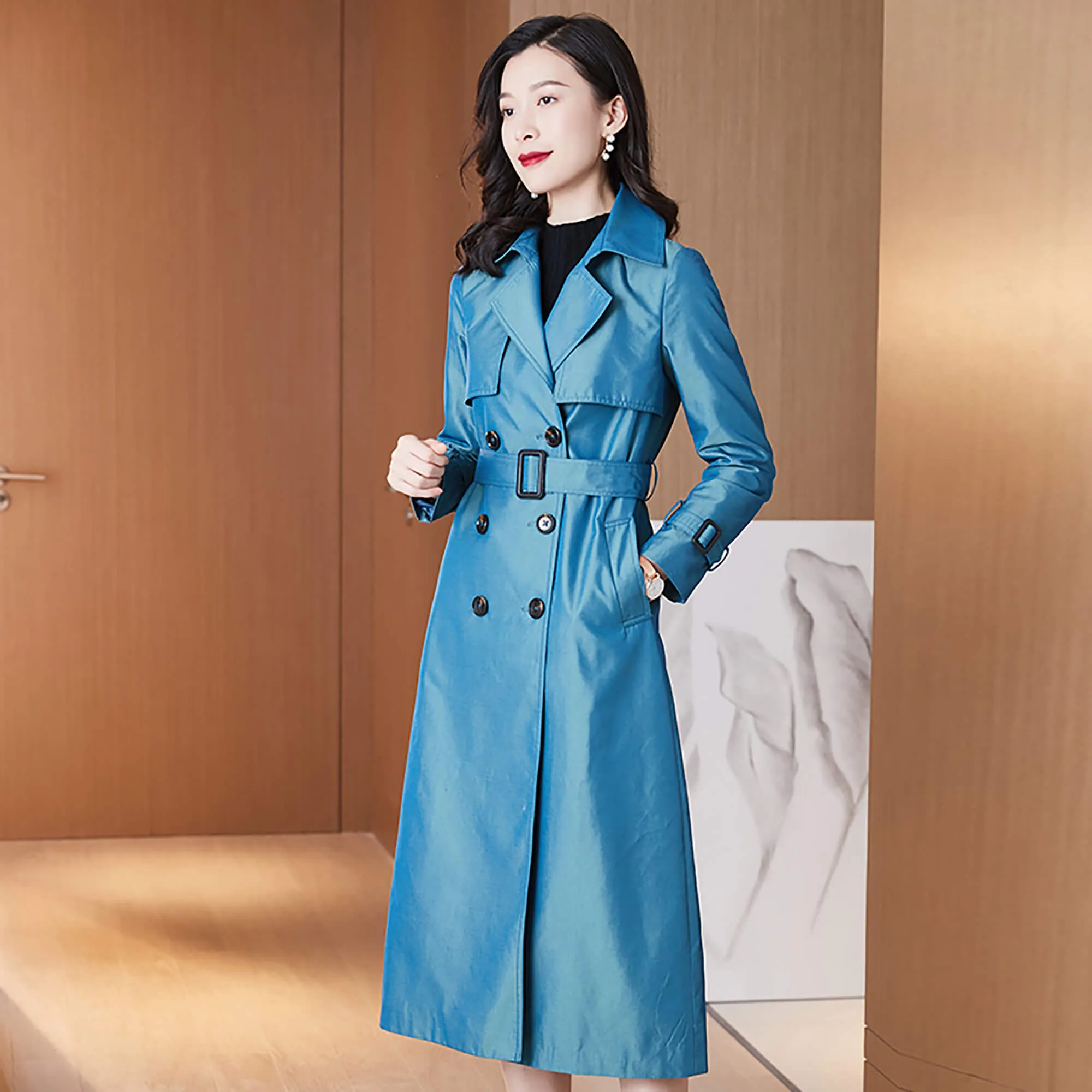 Custom Size Double Breasted Buckle Belt Trench Coat