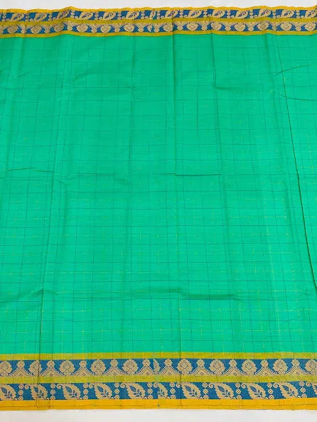 Dazzling Green Color Checked Pure Cotton Saree With Woven Border