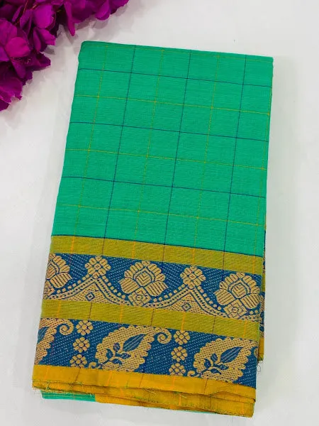 Dazzling Green Color Checked Pure Cotton Saree With Woven Border