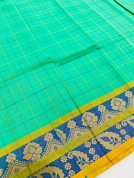 Dazzling Green Color Checked Pure Cotton Saree With Woven Border