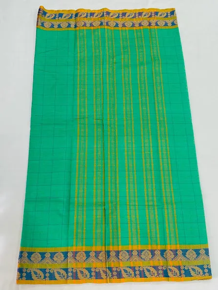 Dazzling Green Color Checked Pure Cotton Saree With Woven Border