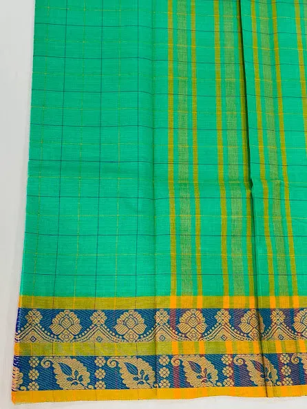 Dazzling Green Color Checked Pure Cotton Saree With Woven Border