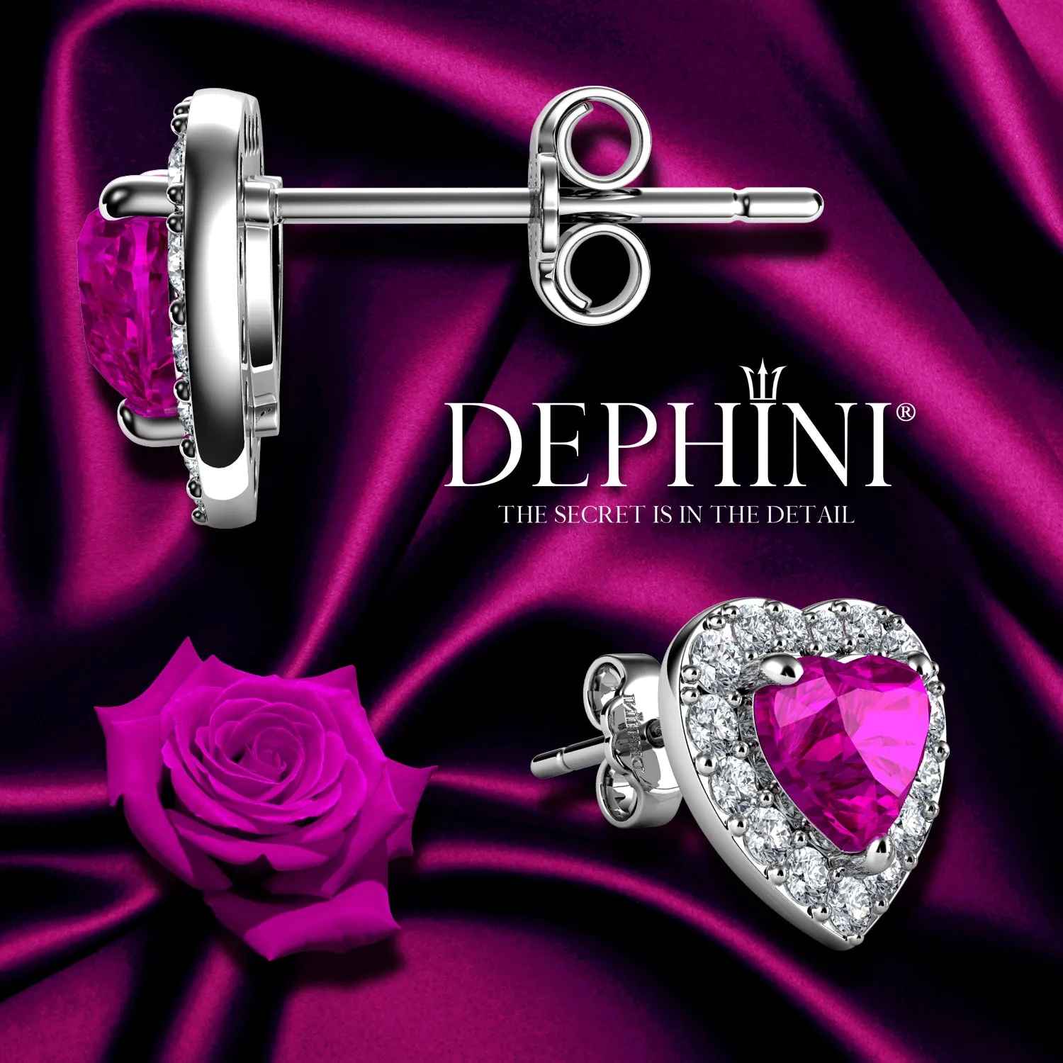 DEPHINI Pink Heart Earrings  925 Sterling Silver Stud Earrings CZ