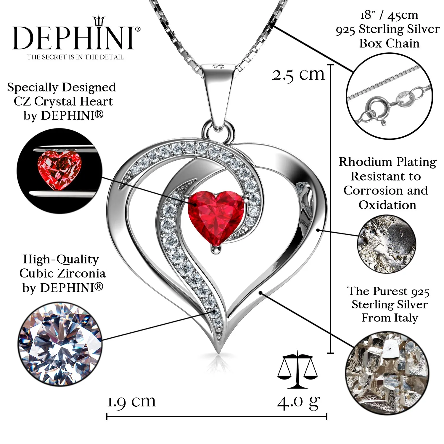 DEPHINI - red necklace for Women - 925 sterling silver pendant