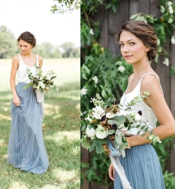 Elegant A Line Spaghetti Straps Sleeveless Pink and White Tulle Bridesmaid Dress with V Neck