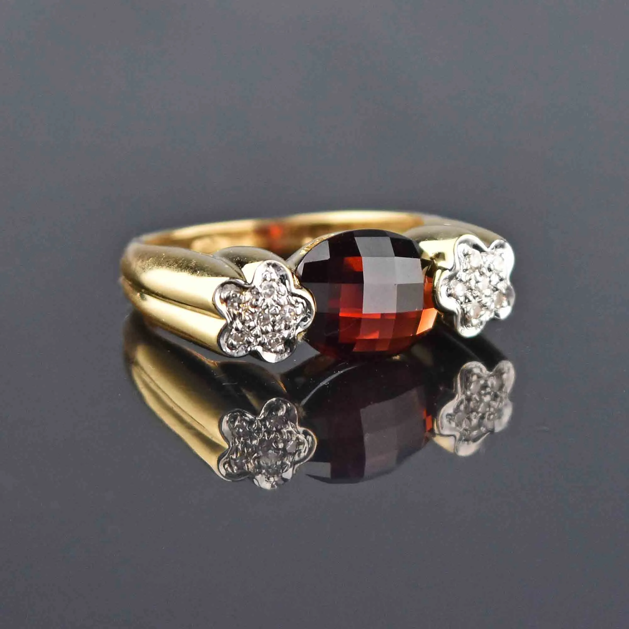 Estate 14K Gold Diamond Checkerboard Garnet Ring