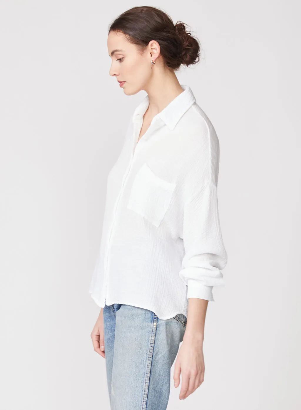 Gauze Long Sleeve Oversized Shirting Top in White