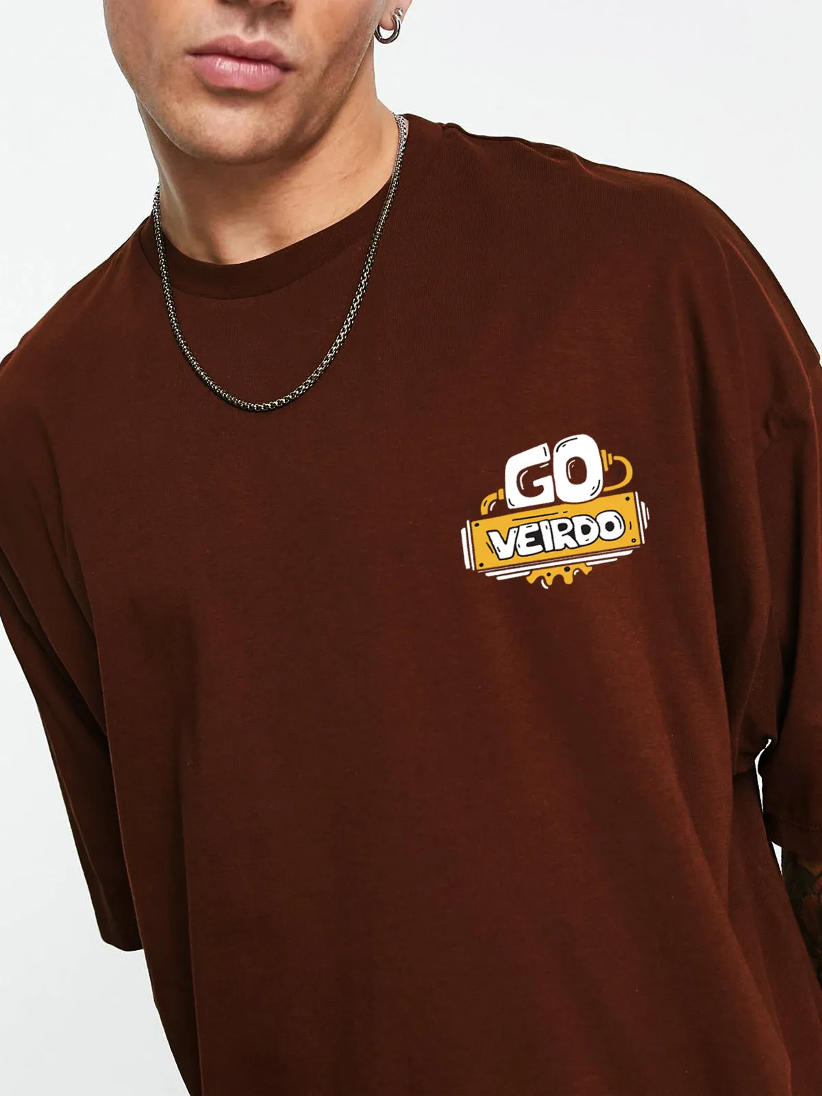 Go Veirdo Brown Oversized Pocket Graphic Printed Tshirt