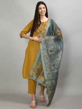 Gracious Mustard Solid Kurta Trouser Dupatta