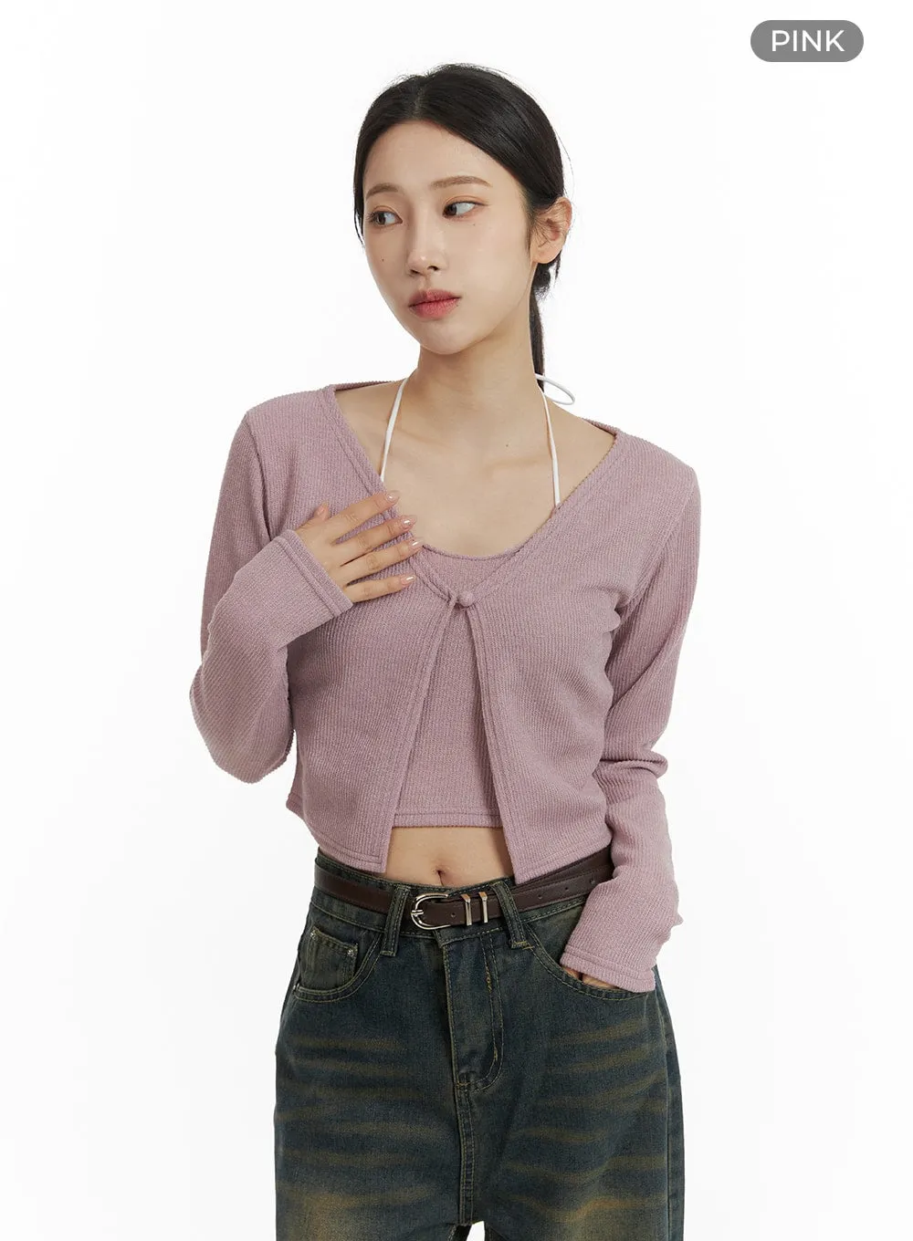 Halter V Neck Buttoned Crop Cardigan Top CM405