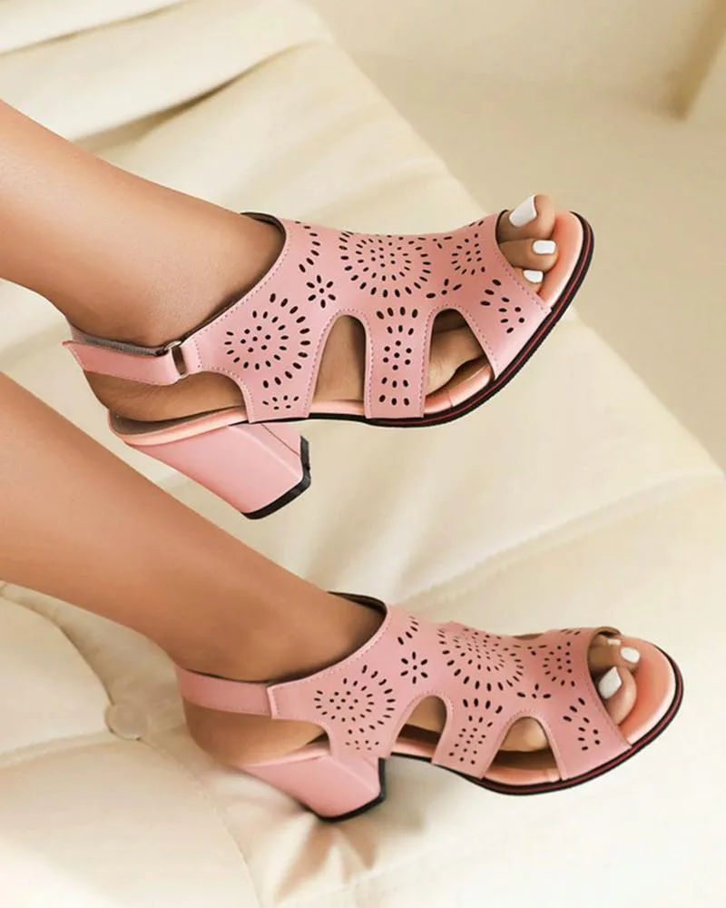 Hollow-out Block Heel Sandals