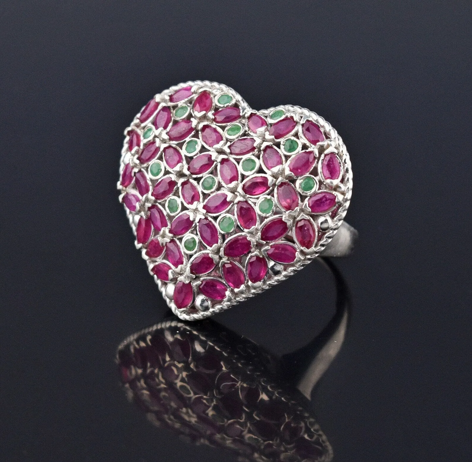 Impressive Silver Marquise Ruby Emerald Heart Ring