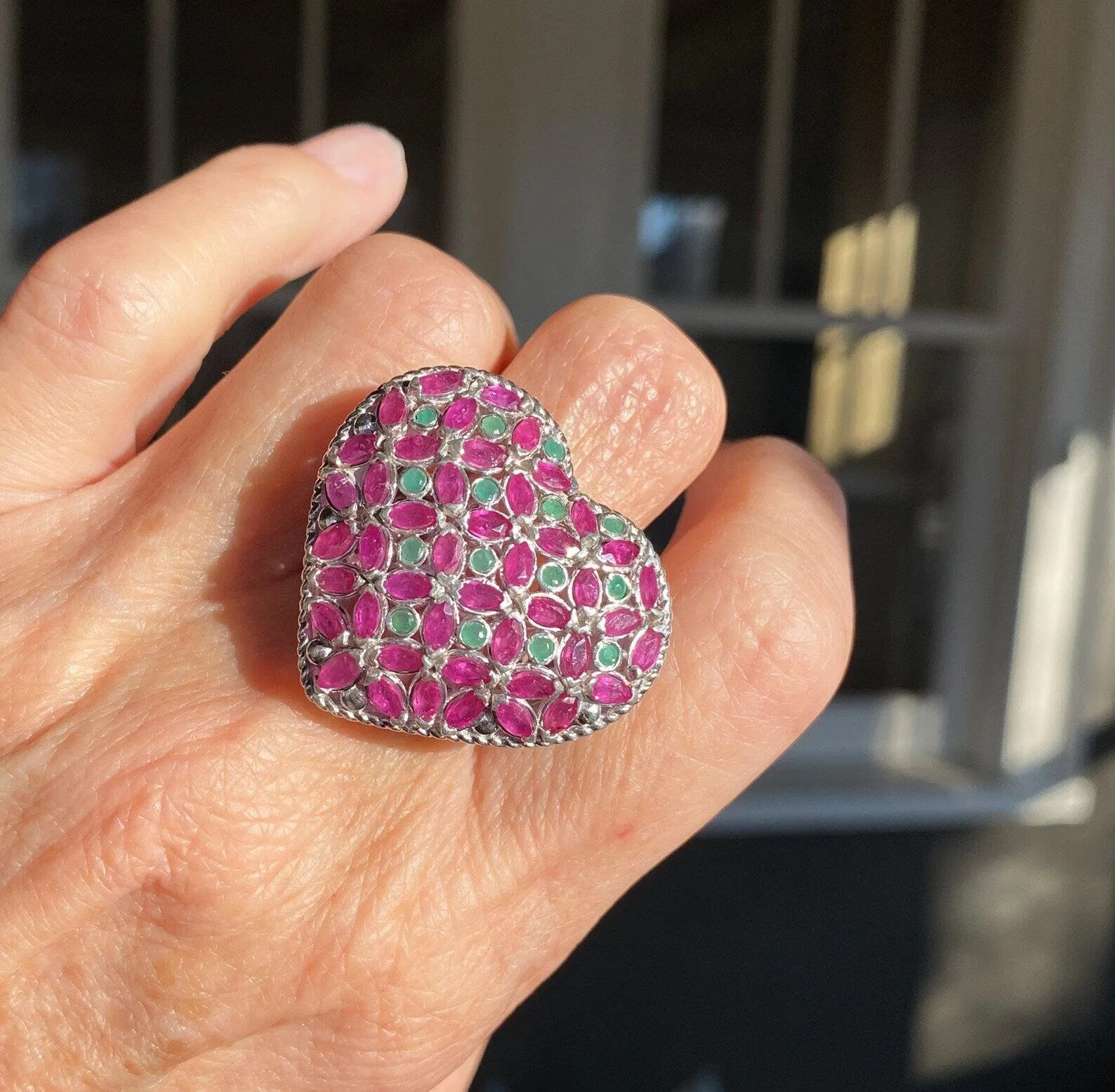 Impressive Silver Marquise Ruby Emerald Heart Ring