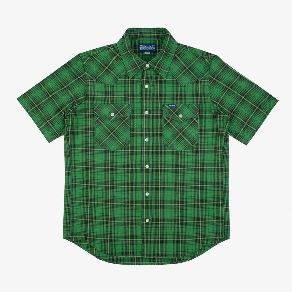 Iron Heart - IHSH-386-GRN - 5oz Selvedge Short Sleeved Western Shirt - Green Vintage Check