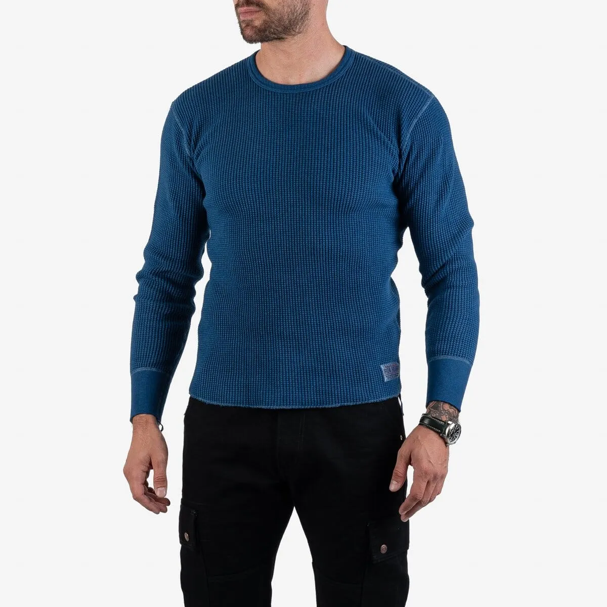 Iron Heart - Waffle Knit Long Sleeved Crew Neck Thermal Top - Indigo Dyed