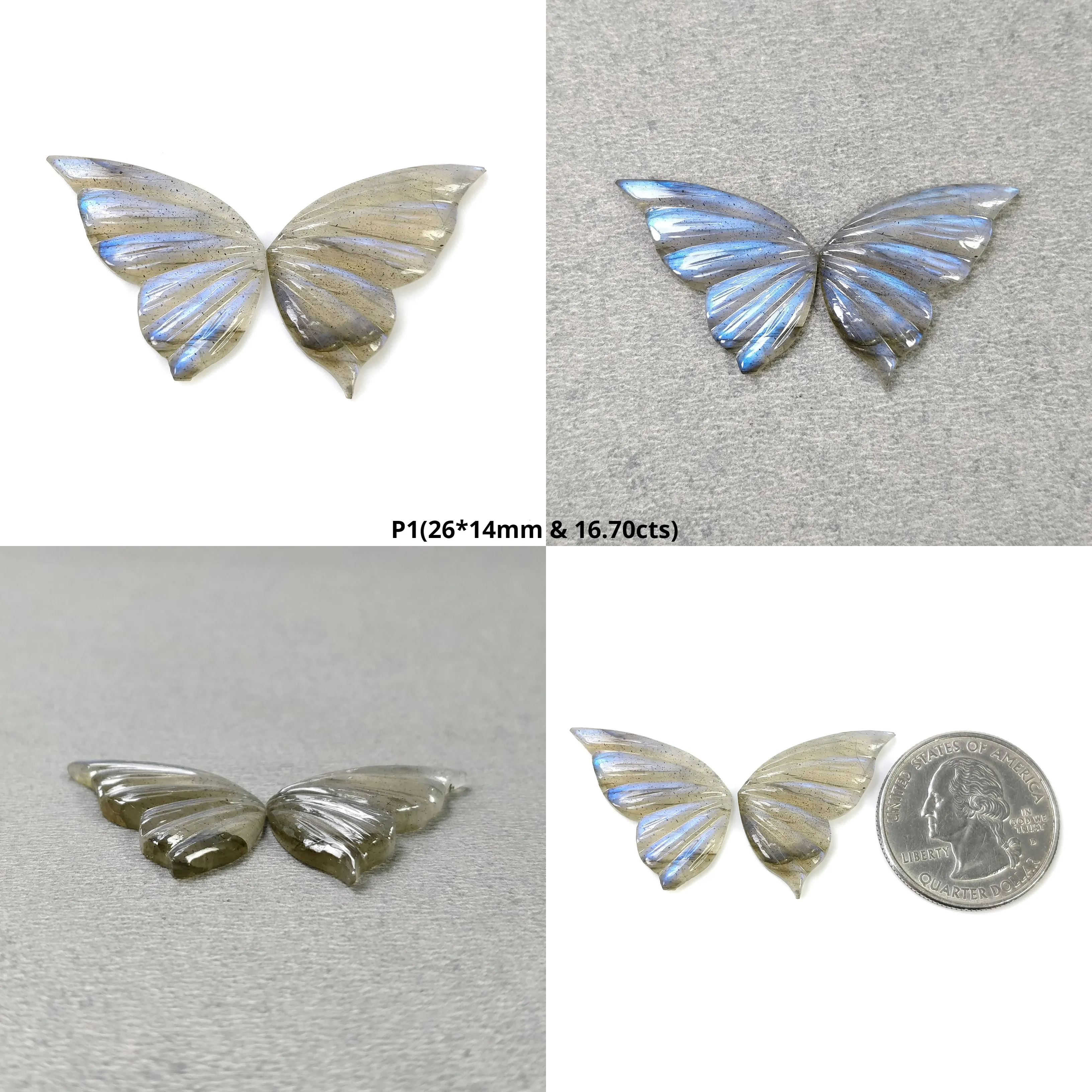 LABRADORITE Gemstone Carving : Natural Untreated Unheated Labradorite Gemstone Hand Carved Butterfly Pair (With Video)