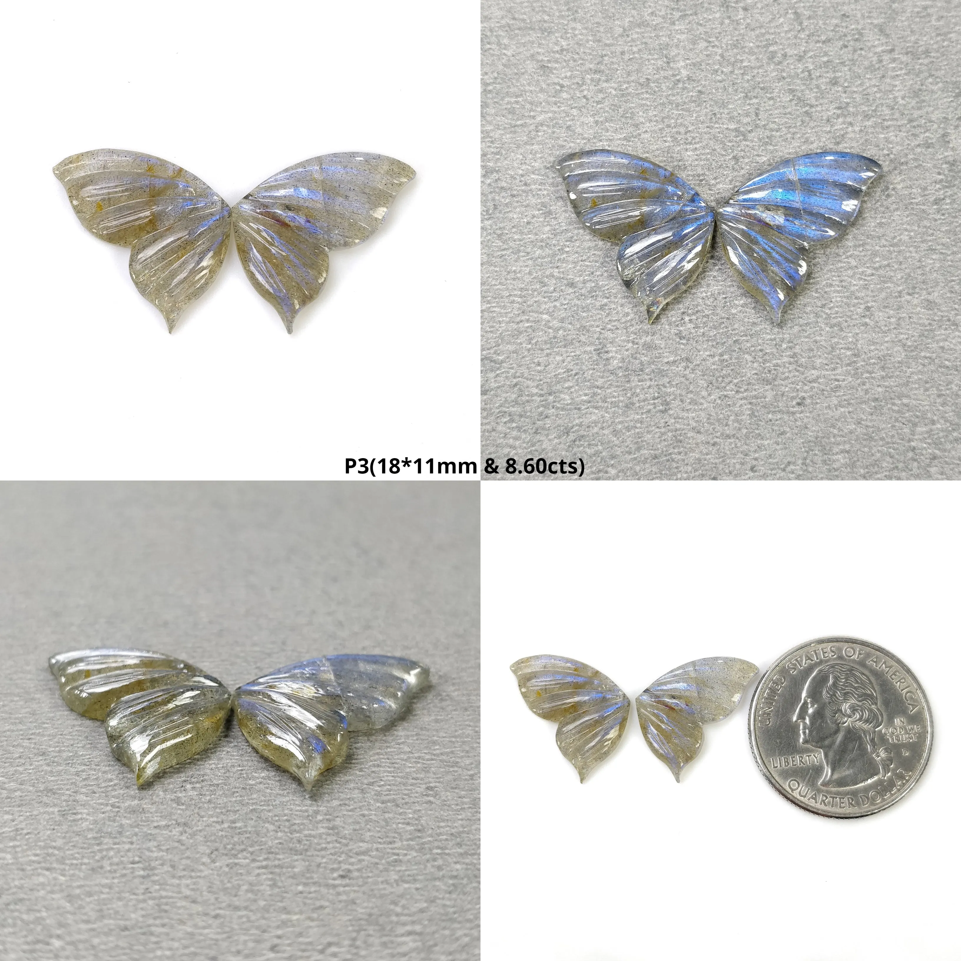 LABRADORITE Gemstone Carving : Natural Untreated Unheated Labradorite Gemstone Hand Carved Butterfly Pair (With Video)