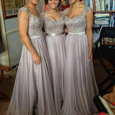 Lace Grey Long Chiffon Sexy Sweetheart Cap Sleeve A-Line Lace up Appliques Bridesmaid Dresses