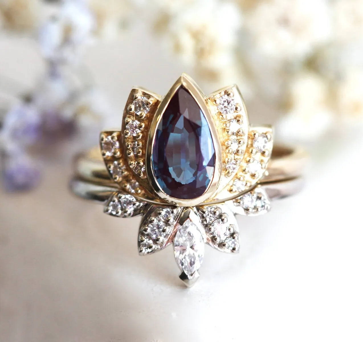 Lakshmi Pear Moonstone Diamond Ring Set