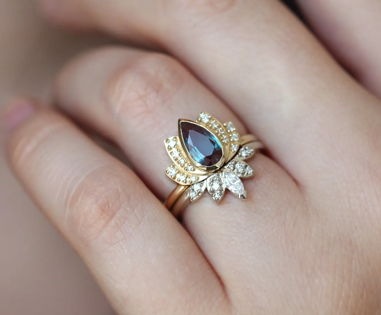 Lakshmi Pear Moonstone Diamond Ring Set