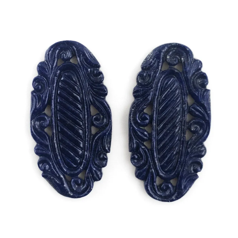 LAPIS LAZULI Gemstone Carving : 47.50cts Natural Untreated Unheated Blue Lapis Gemstone Hand Carved Oval Shape 40*21mm Pair For Jewelry