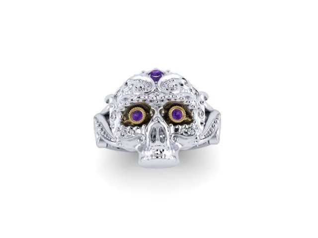 Large Sugar Skull Ring with Amethyst-UDINC0432