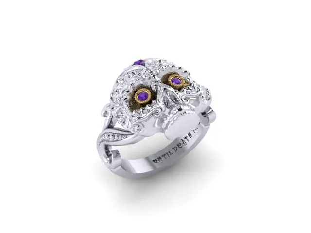 Large Sugar Skull Ring with Amethyst-UDINC0432