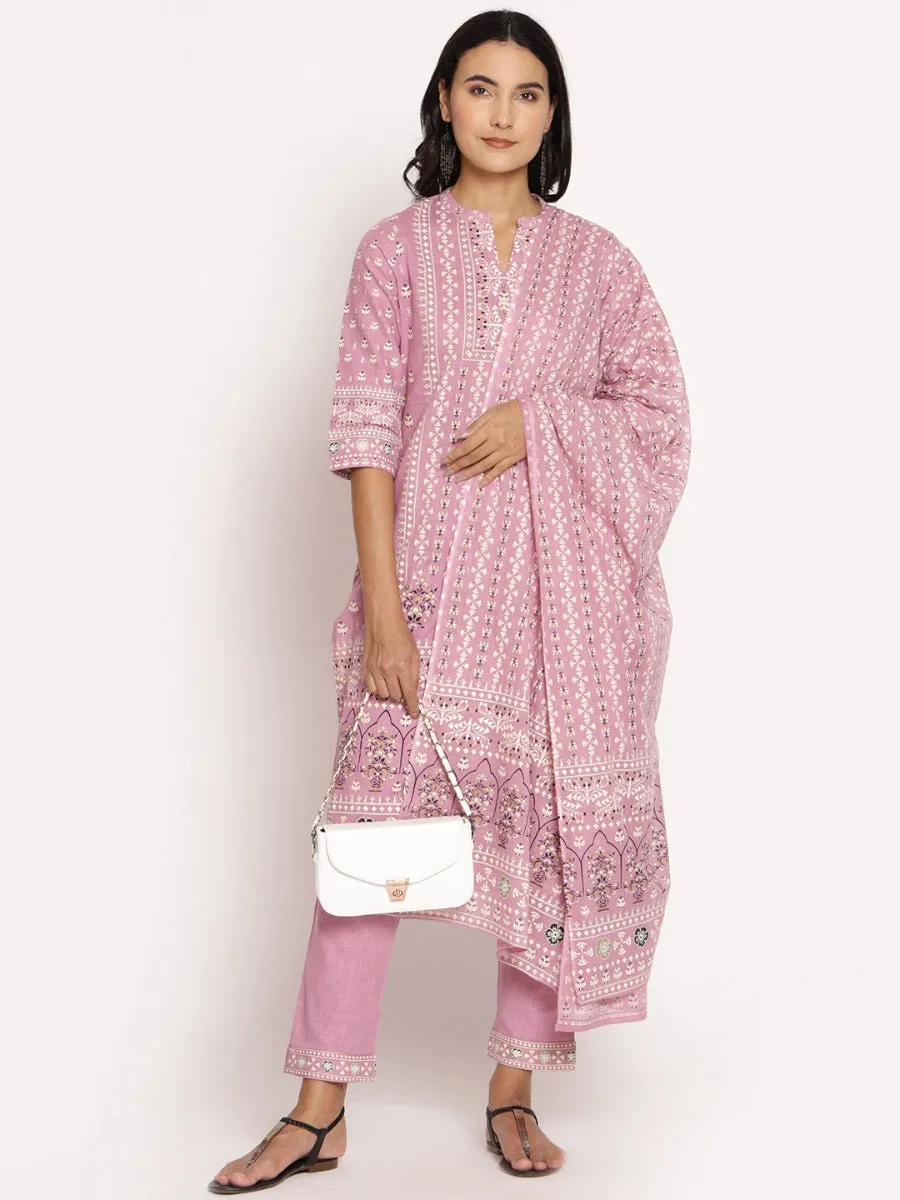 Lilac Ornamental Printed Kurta Trouser Dupatta