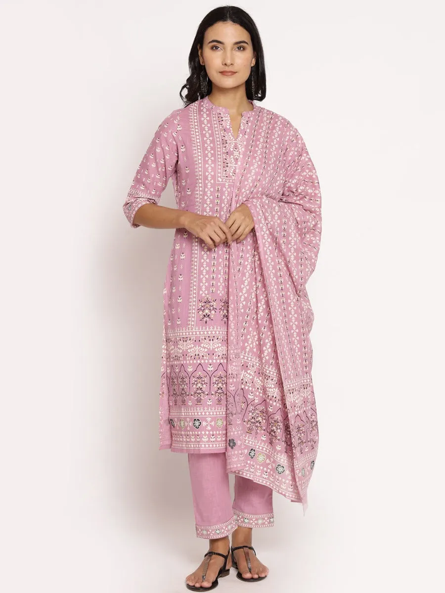 Lilac Ornamental Printed Kurta Trouser Dupatta