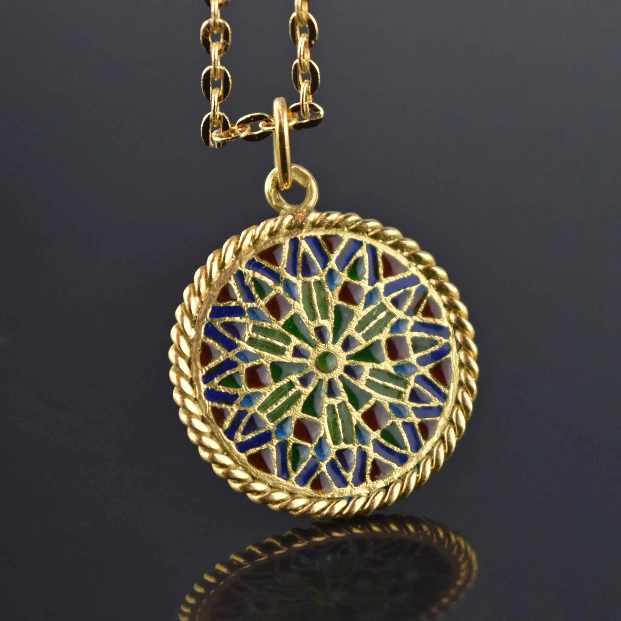 Lovely Plique A Jour Enamel 18K Gold Pendant