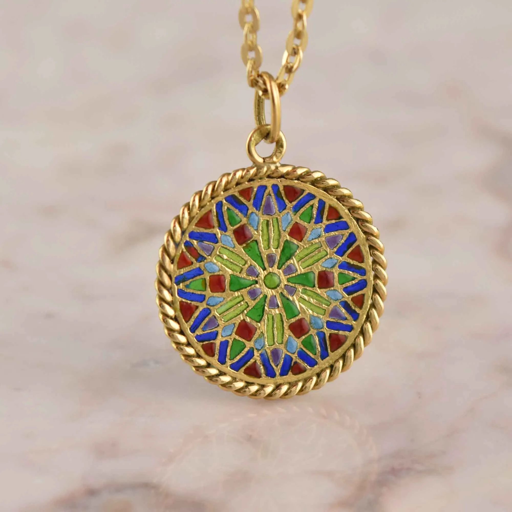 Lovely Plique A Jour Enamel 18K Gold Pendant