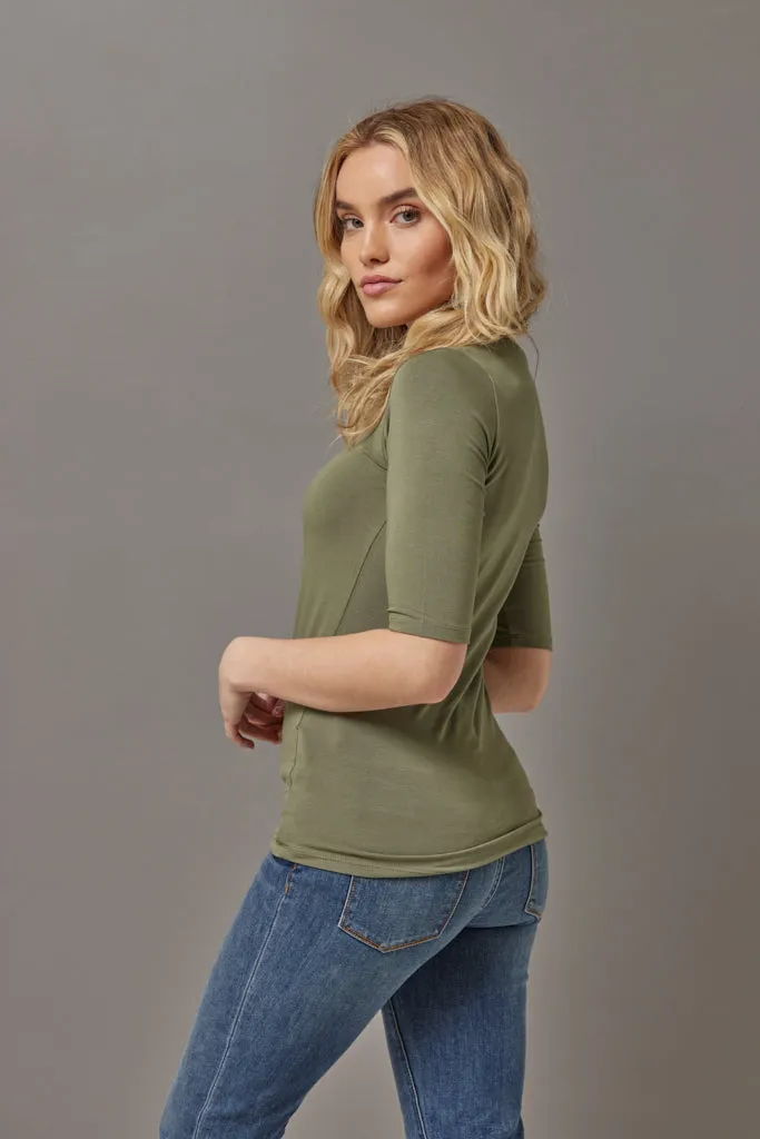 Majestic Elbow Sleeve Scoop Neck Tee in Kaki