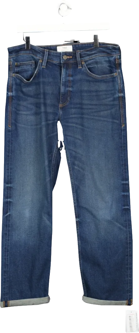 M&S Blue Straight Fit Vintage Wash Stretch Jeans W34