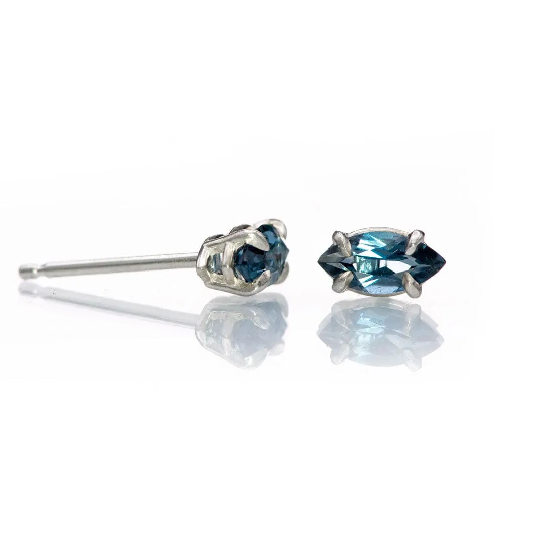 Marquise London Blue Topaz Prong Set Sterling Silver Basket Stud Earrings, Ready to Ship