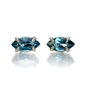 Marquise London Blue Topaz Prong Set Sterling Silver Basket Stud Earrings, Ready to Ship