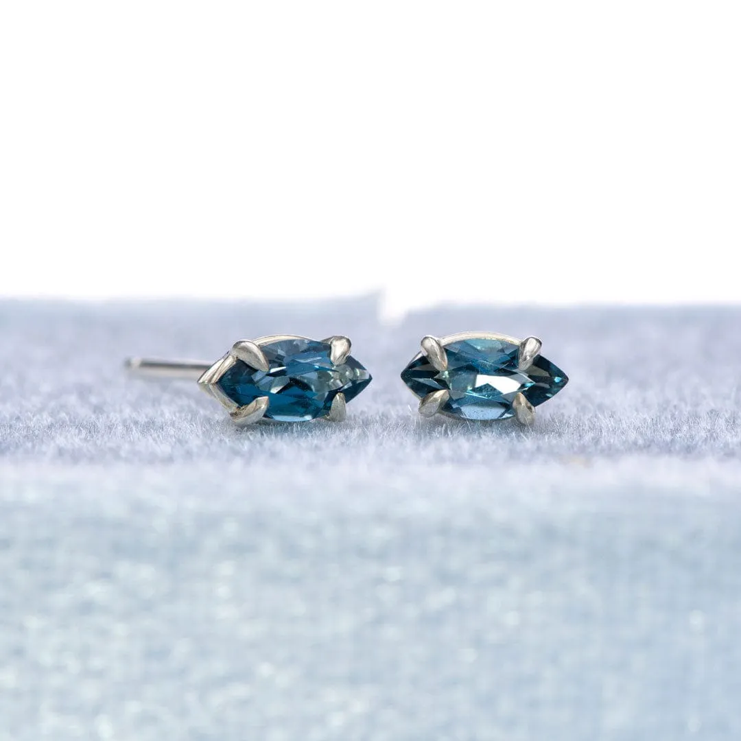 Marquise London Blue Topaz Prong Set Sterling Silver Basket Stud Earrings, Ready to Ship