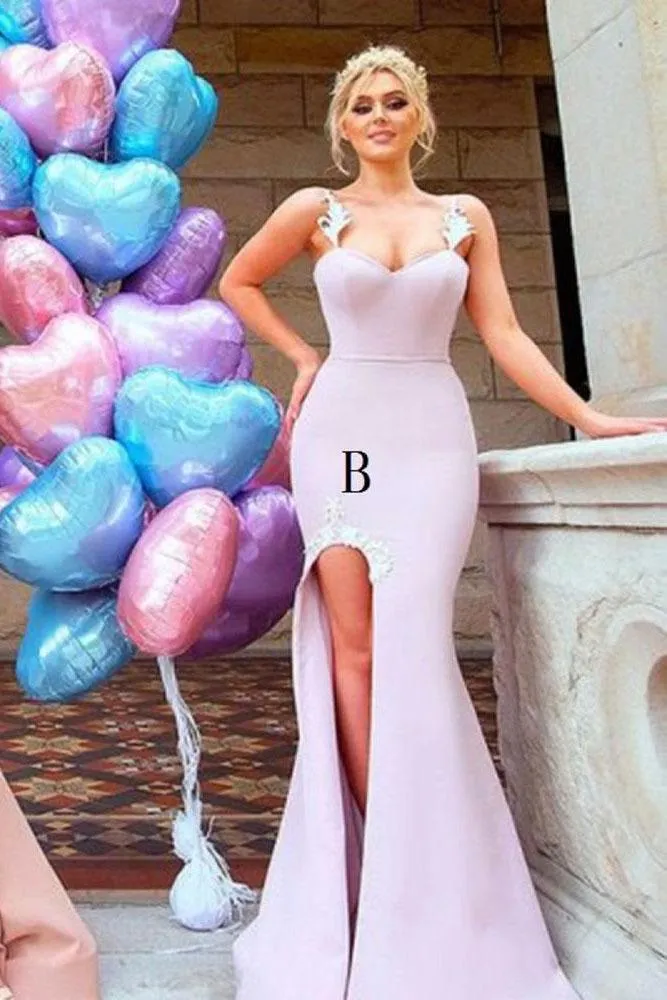 Mermaid Appliques Spaghetti Straps High Split Long Sweetheart Bridesmaid Dresses