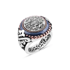 Navy Blue Rim Around Enameled Solomon's Seal Circle Silver Men's Ring Siding Triangular Braid