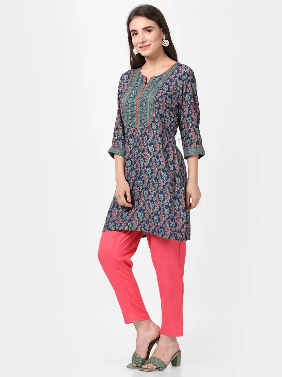 Navy Floral Printed Kurta