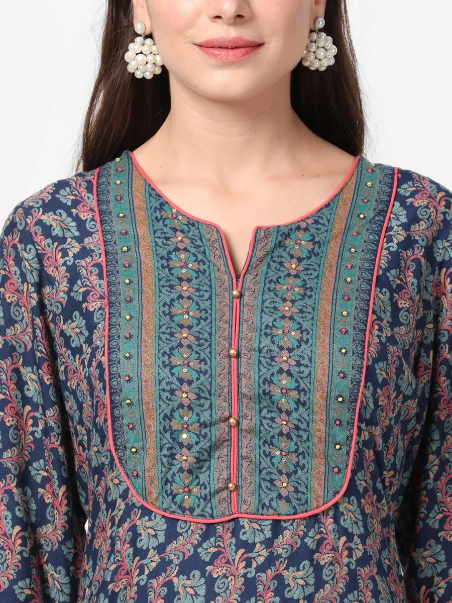 Navy Floral Printed Kurta