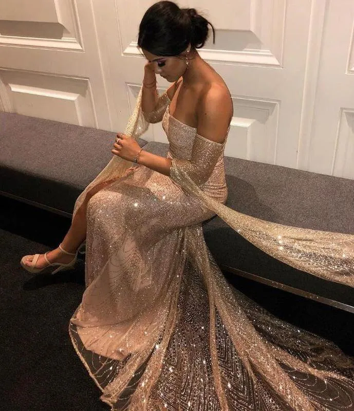 Off the Shoulder Sparkle Long Sleeves Prom Dresses Sequins Mermaid Evening Dress