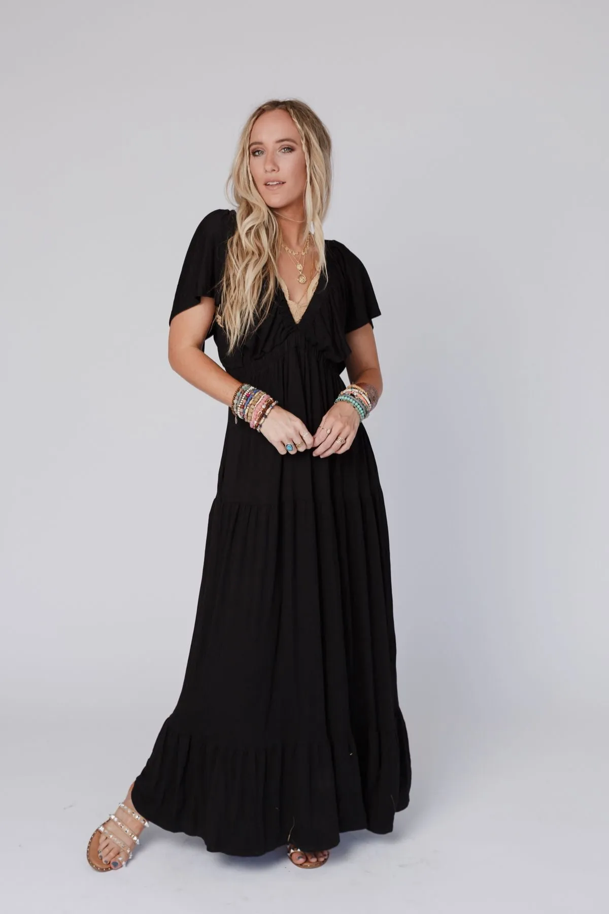 On Repeat Open Back Ruffle Maxi Dress - Black