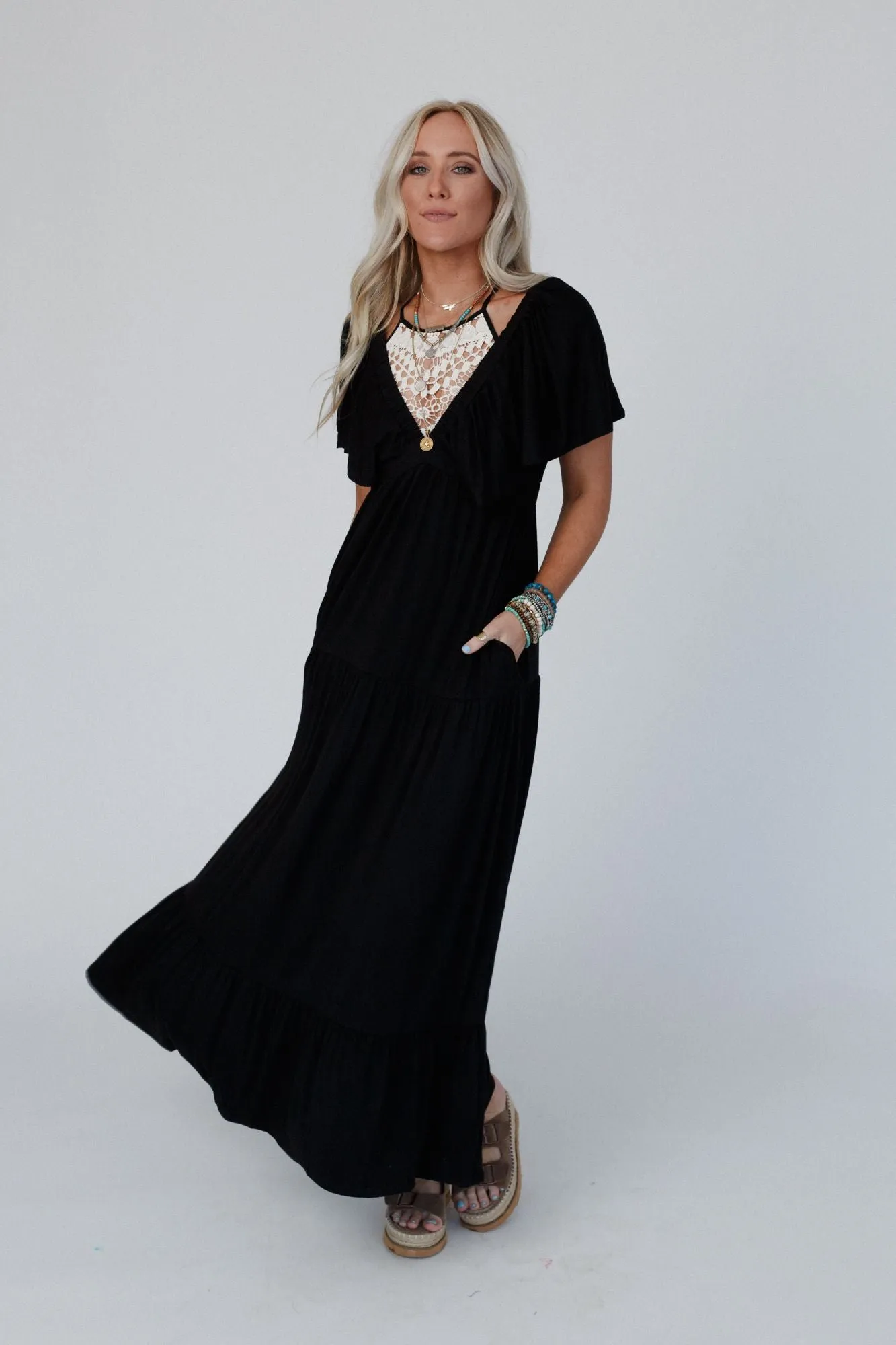 On Repeat Open Back Ruffle Maxi Dress - Black