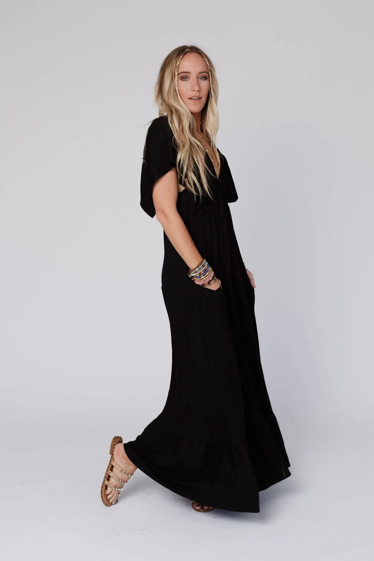 On Repeat Open Back Ruffle Maxi Dress - Black