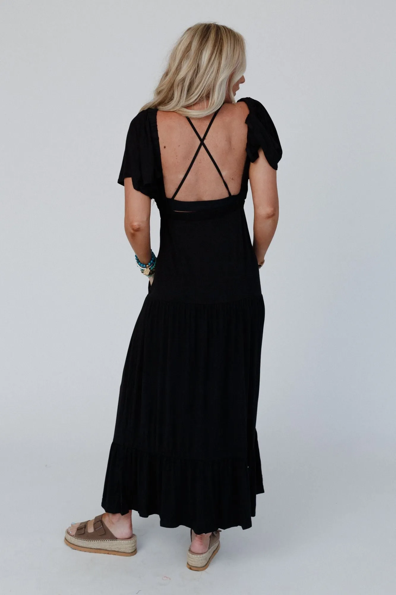 On Repeat Open Back Ruffle Maxi Dress - Black