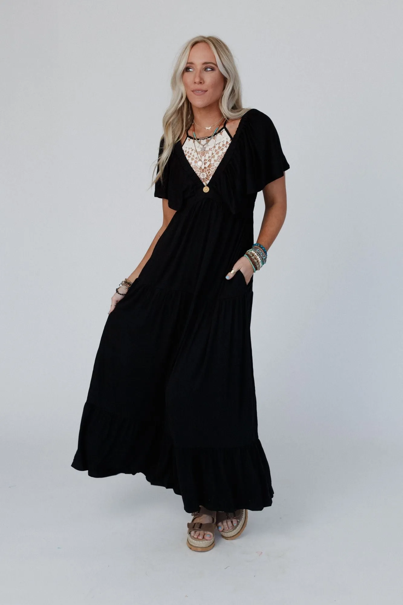 On Repeat Open Back Ruffle Maxi Dress - Black