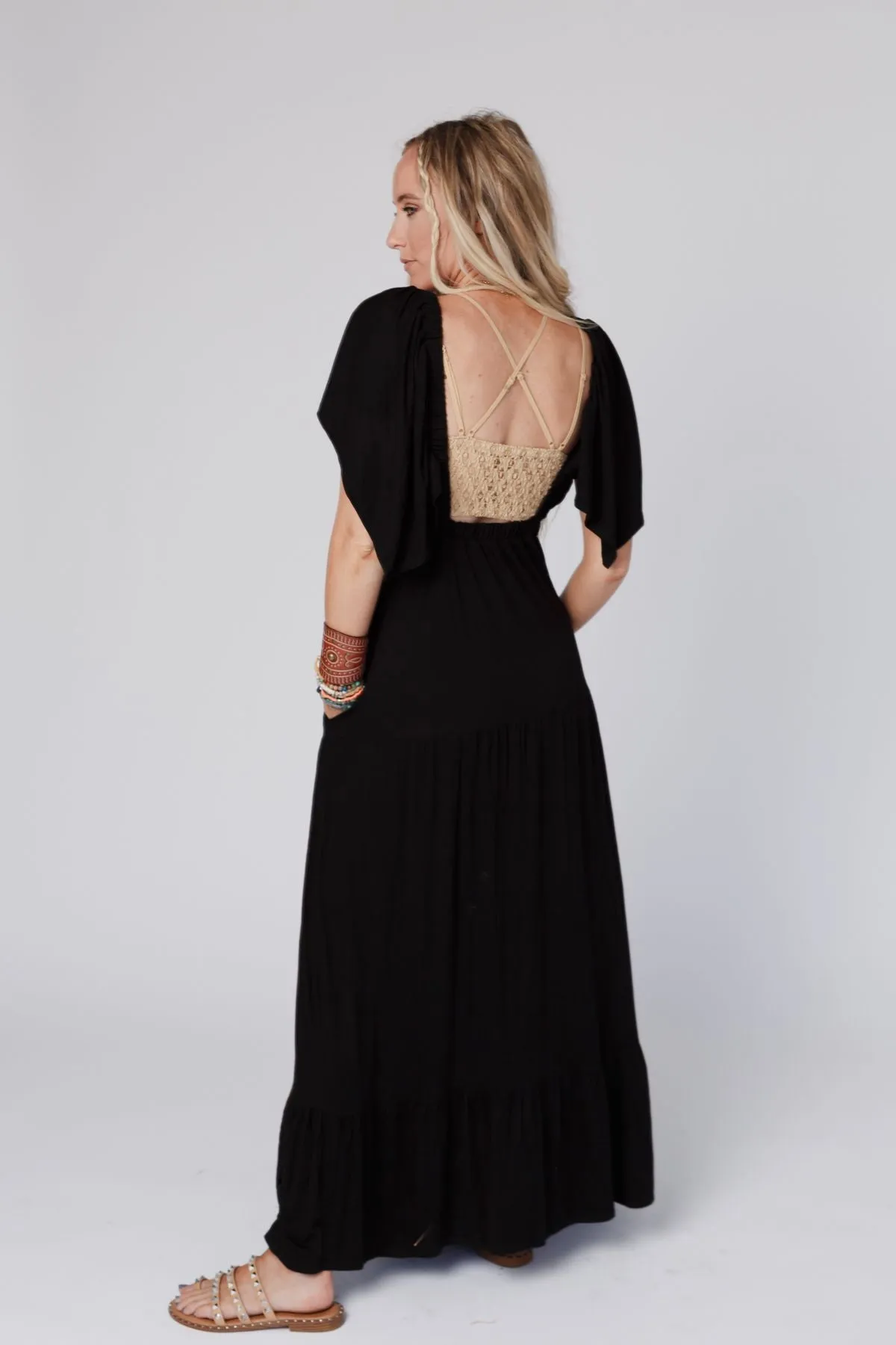 On Repeat Open Back Ruffle Maxi Dress - Black