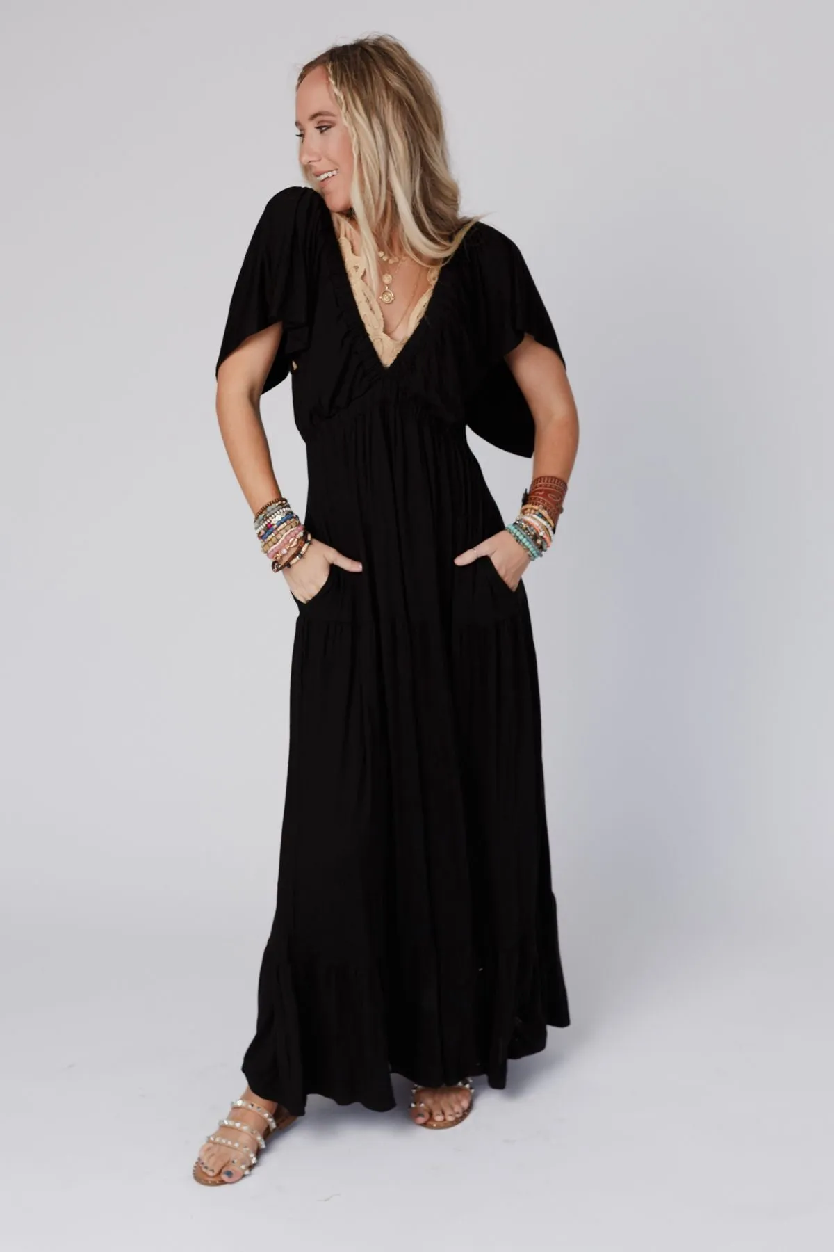 On Repeat Open Back Ruffle Maxi Dress - Black