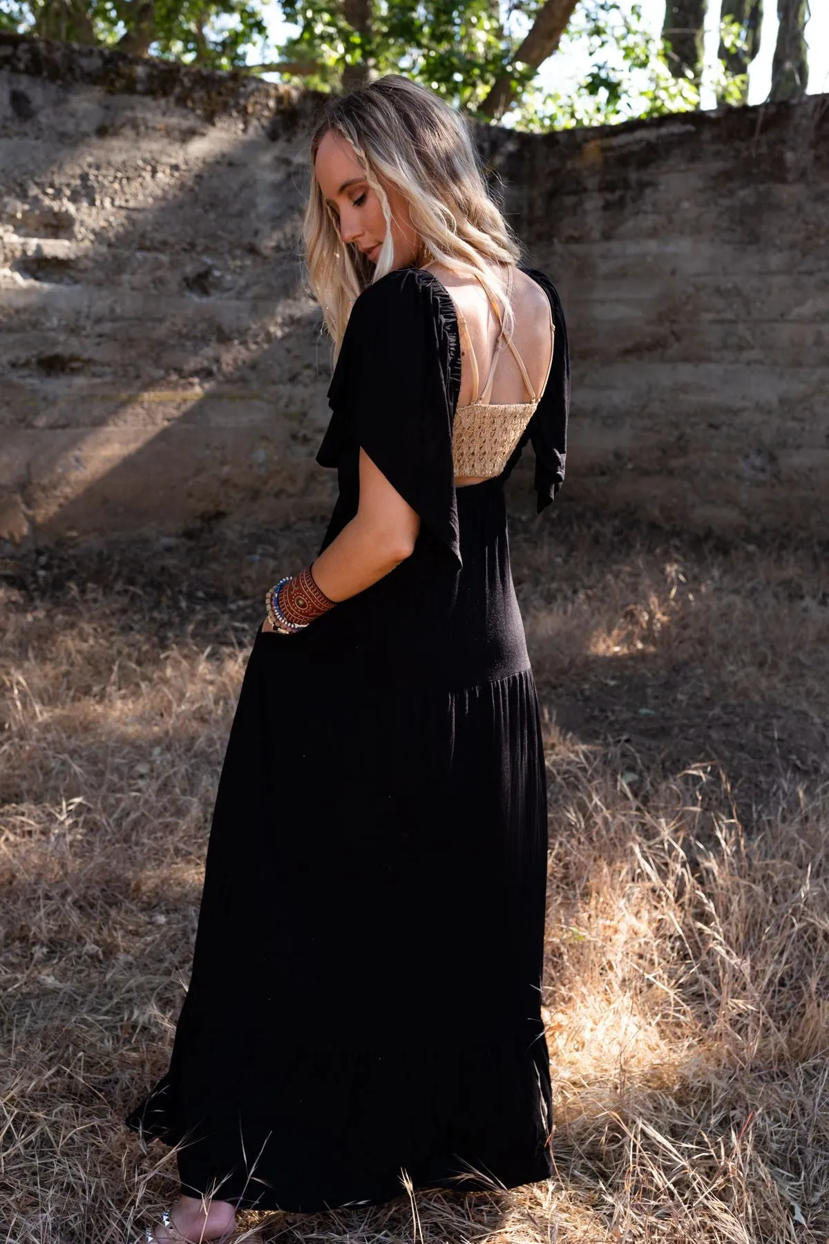 On Repeat Open Back Ruffle Maxi Dress - Black