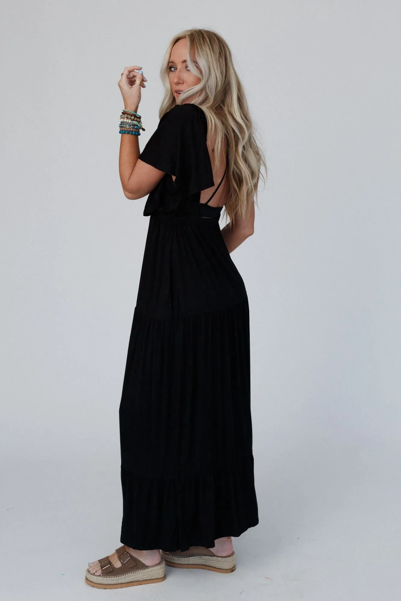 On Repeat Open Back Ruffle Maxi Dress - Black